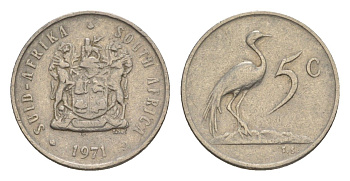 ЮАР 5 центов 1971 герб, райский журавль KM 84 никель 4602-959
