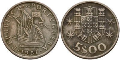 Португалия 5 эскудо 1981 KM 591 медно-никель 4156-551