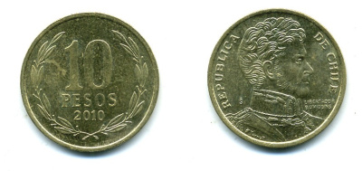 ЧИЛИ 10 ПЕСО 2010 ГЕНЕРАЛ БЕРНАРДО О ХИГГИНС KM 228.2 никель-бронза 37-846