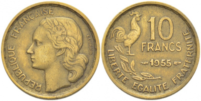 ФРАНЦИЯ 10 ФРАНКОВ 1955 KM 915.1 алюминиевая бронза 3309-1126
