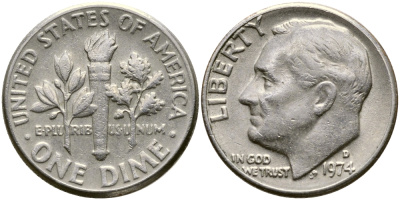 США 10 центов (дайм) 1974 D, Франклин Рузвельт KM 195а медь плакированная медно-никелем 54-814