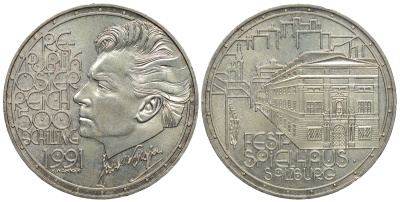 Австрия 500 шиллингов 1991 дирижер Герберт фон Караян KM 3000 серебро UNC 413-4424