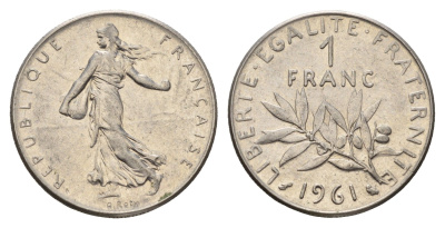 Франция 1 франк 1961 сеятель KM 925 никель 3336-923