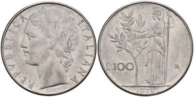 Италия 100 лир 1979 R, Афина у оливкого дерева KM 96.1 нержавеющая сталь 4149-1231