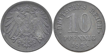 ГЕРМАНИЯ 10 ПФЕННИГОВ 1921 (1917-1922) KM 26, J. 299, Weege 8 цинк 210-241