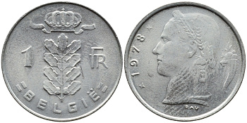 БЕЛЬГИЯ 1 ФРАНК 1978 BELGIE KM 143.1 медно-никель 4391-1256