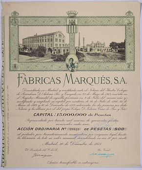 ИСПАНИЯ АЦИЯ НА 500 ПЕСЕТ 1953 FABRICAS MARQUES S.A., МАДРИД 1953 бумага 5544-4