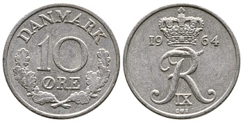 Дания 10 эре 1964 C; S, Фредерик IX (1947-1972) KM 849.1 медно-никель 26-917