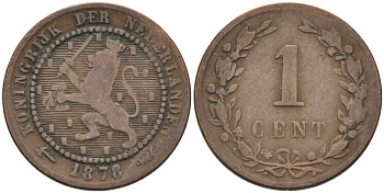 Нидерланды 1 цент 1878 Виллем III (1849-1890) KM 107 бронза 4576-525