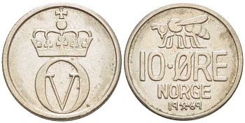 НОРВЕГИЯ 10 ЭРЕ 1969 ПЧЕЛА, ОЛАФ V (1957-1991) KM 411 медно-никель 3309-722