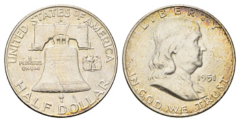 США 1/2 доллара (50 центов) 1951 D, Бенджамин Франклин, колокол KM 199 серебро aUNC 3711-1732
