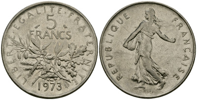 Франция 5 франков 1973 KM 926a медно-никель плакированный никелем 4120-442