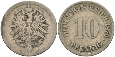 Германия 10 пфеннигов 1876 A, старогербовка KM 4, Jager 4, Weege 7 медно-никель    4153-322