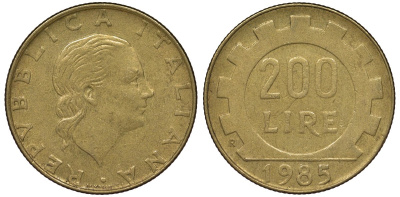 Италия 200 лир 1985 R, шестерня KM 105 алюминиевая бронза 4128-1254