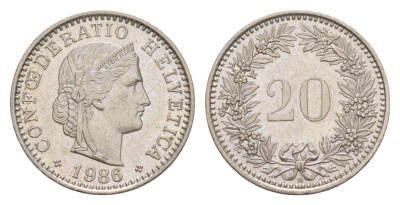 Швейцария 20 раппенов 1986 B KM 29a медно-никель 4623-267