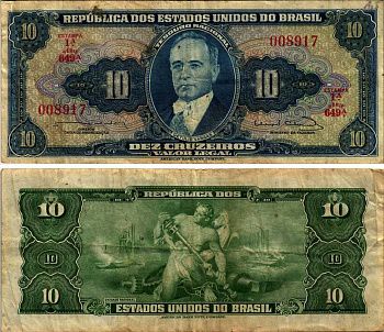 БРАЗИЛИЯ 10 КРУЗЕЙРО 1963 ПОДПИСЬ 12, ESTAMPA 1A, СЕРИЯ 649а, ПОРТРЕТ ВАРГАСА Pick 167b бумага 8606-44-2-2