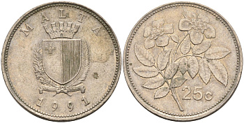 Мальта 25 центов 1991 шиповник вечнозелёный KM 97 медно-никель 219-811