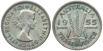 Австралия 3 пенса 1955 m, Елизавета II (1952-2022) KM 57 серебро 71-438