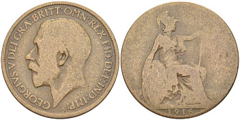 Великобритания 1/2 пенни 1916 Георг V (1910-1936) KM 809, Spink 4056 бронза 117-952