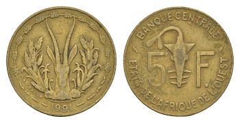 Западная Африка (BCEAO) 5 франков 1991 KM 2a медь алюминий никель 4655-817