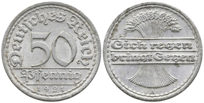 ГЕРМАНИЯ 50 ПФЕННИГОВ 1921 A KM 27, J. 301 алюминий 24-1034