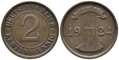 ГЕРМАНИЯ 2 РЕНТЕНПФЕННИГА 1924 A KM 31, J. 307 бронза 24-453