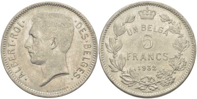 БЕЛЬГИЯ 5 ФРАНКОВ 1932 АЛЬБЕРТ I, DES BELGES KM 97.1 никель 3851-232