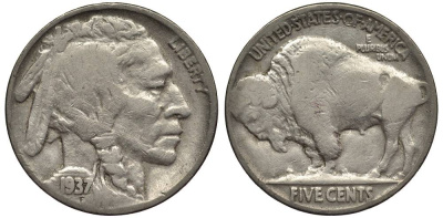 США 5 ЦЕНТОВ 1937 ИНДЕЕЦ, БИЗОН KM 134 медно-никель 27-654