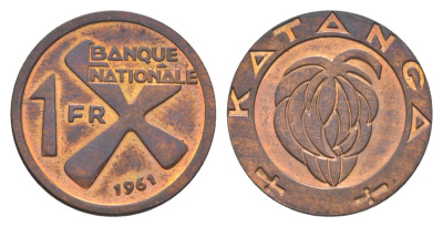 Катанга 1 франк 1961 Заир, балубский крест, связка бананов KM 1 бронза UNC 4177-326