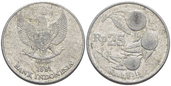 Индонезия 25 рупий 1991 мускатный орех KM 55 алюминий 211-617