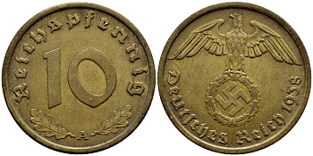 ГЕРМАНИЯ 10 РЕЙХСПФЕННИГОВ 1938 A, KM 92, J. 364 алюминиевая бронза 4382-1254