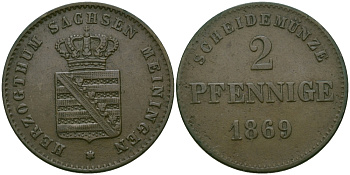 Саксен-Мейнинген 2 пфеннига 1869 Георг II (1866-1914) KM 174, Jaeger 448, AKS 215 медь 99-664