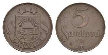 Латвия 5 сантимов 1922 KM 3 бронза 4658-1163