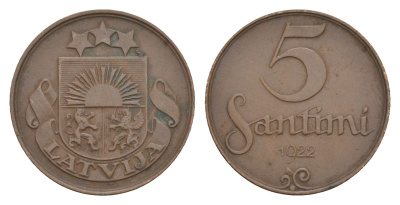 Латвия 5 сантимов 1922 KM 3 бронза 4658-1156