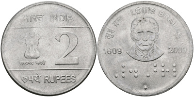 Индия 2 рупии 2009 200 лет Луи Брайлю KM NEW медно-никель UNC 95-155