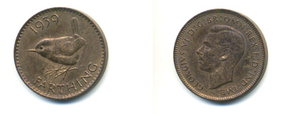 Великобритания 1 фартинг 1939 Георг VI (1936-1952) KM 843, Spink 4116 бронза 83-433