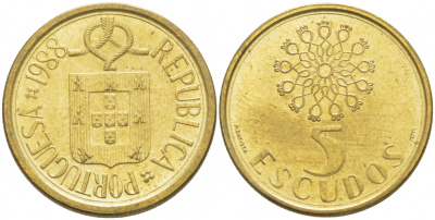 ПОРТУГАЛИЯ 5 ЭСКУДО 1988 KM 632 никелированная латунь UNC 87-455