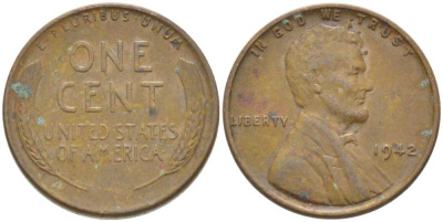 США 1 ЦЕНТ 1942 ЛИНКОЛЬН KM 132 бронза 218-428