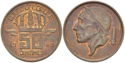 БЕЛЬГИЯ 50 САНТИМОВ 1969 BELGIQUE KM 148.1 бронза 96-1267