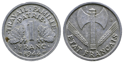 ФРАНЦИЯ 1 ФРАНК 1944 ТИП LEGERE, ПРАВИТЕЛЬСТВО ВИШИ KM 902.1, LE FRANC 223.5 алюминий 261-423