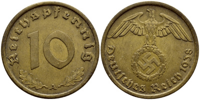 ГЕРМАНИЯ 10 РЕЙХСПФЕННИГОВ 1938 A, KM 92, J. 364 алюминиевая бронза 4382-1254