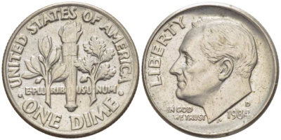 США 10 ЦЕНТОВ = 1 ДАЙМ 1984 D, РУЗВЕЛЬТ KM 195а медь плакированная медно-никелем 217-1114