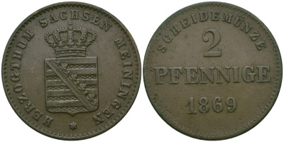 Саксен-Мейнинген 2 пфеннига 1869 Георг II (1866-1914) KM 174, Jaeger 448, AKS 215 медь 99-664