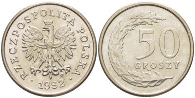 Польша 50 грошей 1992 MW KM 281, Parchimowicz 706c медно-никель UNC 112-819