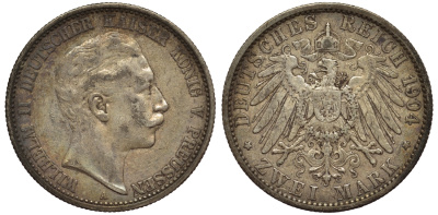 Пруссия 2 марки 1904 A, Вильгельм II (1888-1918) J.102, Weege 101, KM 522 серебро 02-014-31