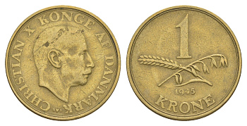 Дания 1 крона 1945 N; S, Кристиан X (1912-1947) KM 835 алюминиевая бронза 4637-223