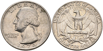 США 25 центов (квотер) 1974 Вашингтон KM 164a медь плакированная медно-никелем 4584-1037