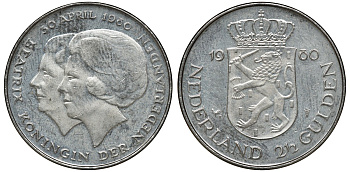 Нидерланды 2 1/2 гульдена 1980 коронация Беатрикс, 30 апреля 1980 KM 201 никель 72-1444