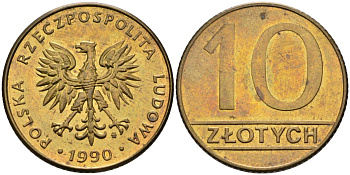 Польша 10 злотых 1990 MW, Народная Республика KM 152.2, Parchimowicz 244b латунь aUNC 4573-1057