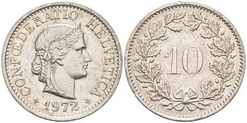 ШВЕЙЦАРИЯ 10 РАППЕНОВ 1972 KM 27 медно-никель 55-435